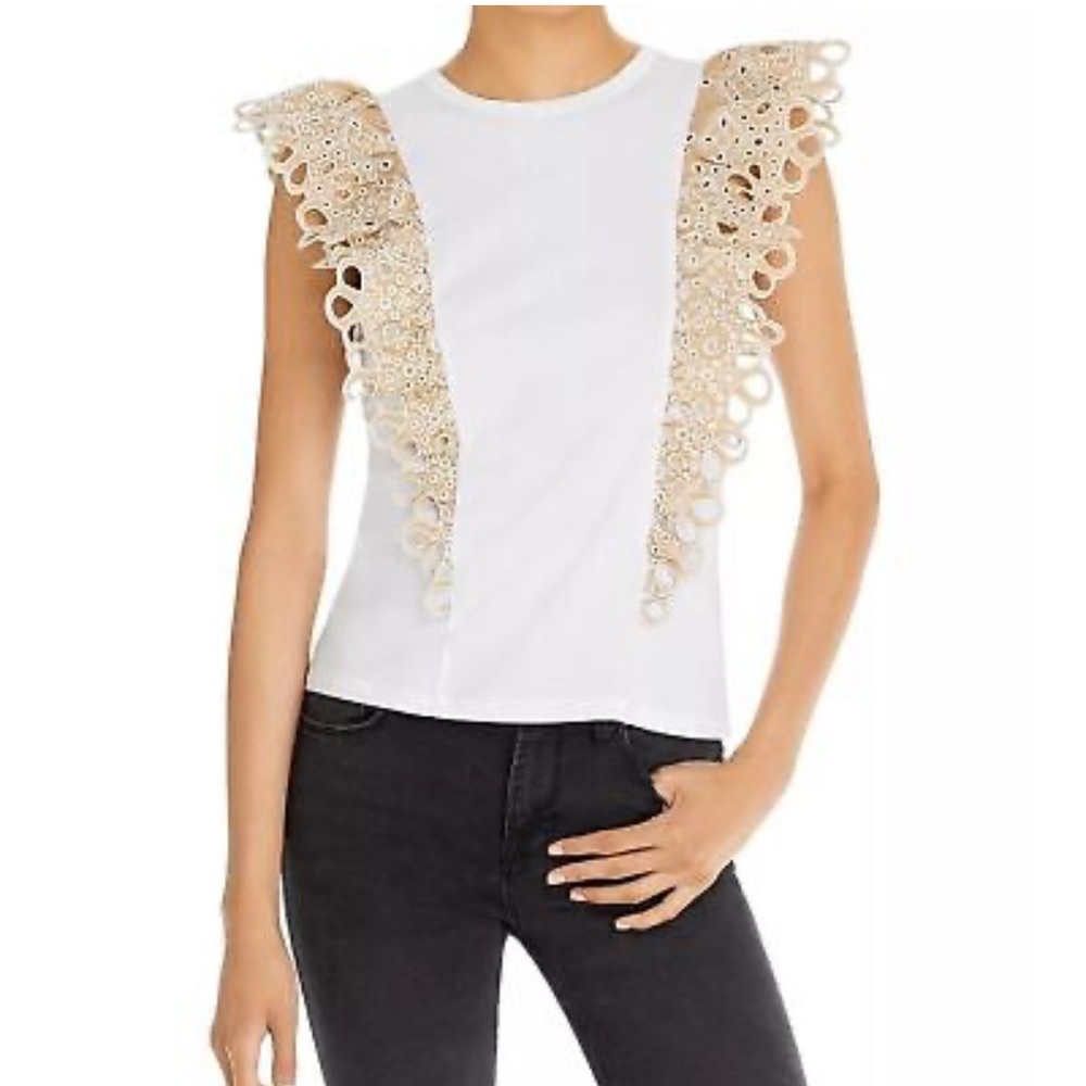Veronica Beard White Sleeveless Top with Cream Eyelet Ruffle Trim